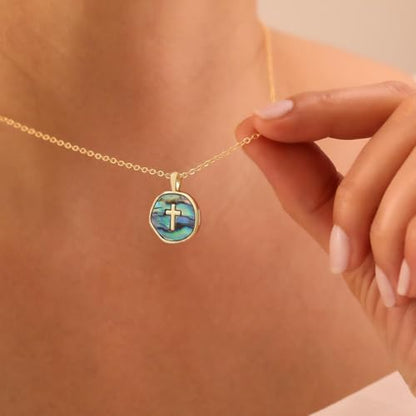 Gold Enamel Mini Cross Necklace Tiny Mother of Pearl Cross Necklace Religious Christian Gift for Baptism First Communion Christmas - color: big mother of pearl cross (15mm)-colorful