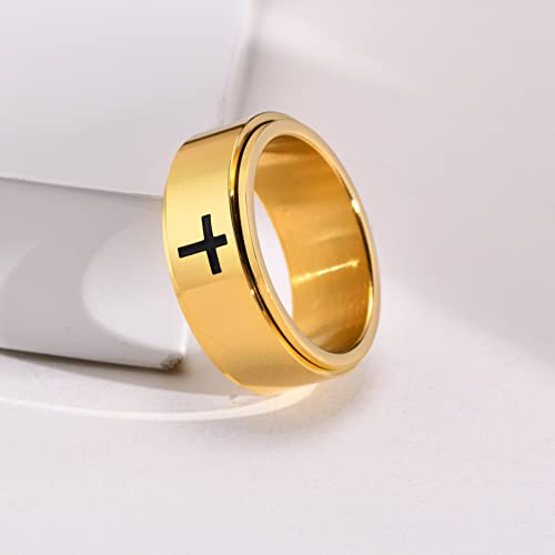 6mm/8mm Titanium Steel Black/Silver/Gold Fidget Ring Engraved Small Cross Stainless Steel Spinner Rings Stress Relieving Anxiety Ring Engagement Wedding Promise Band for Women Men Size 5-15 - color: 8mm Gold