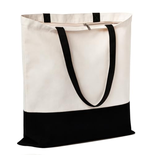 Canvas Tote Bag with Zipper, Halloween Trick or Treat Bags for Kids Bulk - color: [A1] Beige / Black