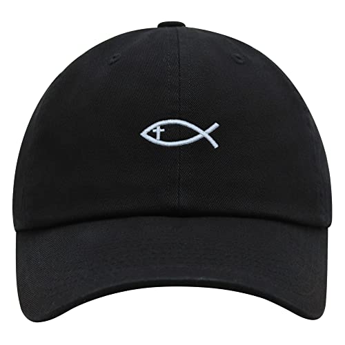 JPAK Jesus Fish Symbol Premium Dad Hat Embroidered Cotton Baseball Cap Symbol of Christianity - color: Black