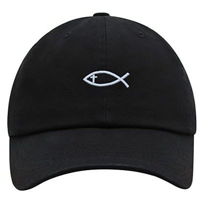 JPAK Jesus Fish Symbol Premium Dad Hat Embroidered Cotton Baseball Cap Symbol of Christianity - color: Black