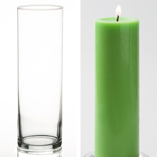 12 Eastland Glass Cylinder Vases 10.5" and 12 Green Richland Pillar Candles 9" - color: Green, size: 9"