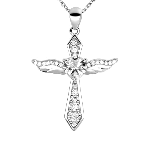 Lovans Cross Necklace for Women 925 Sterling Silver Angel Wings Pendant - color: White Gold+White CZ, size: 22"+2"