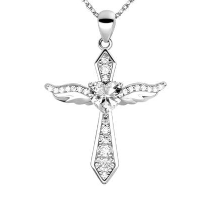 Lovans Cross Necklace for Women 925 Sterling Silver Angel Wings Pendant - color: White Gold+White CZ, size: 22"+2"