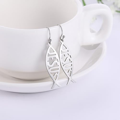 VASSAGO Jesus Fish Ichthys Faith Symbol Hook Necklace Hollow Out Design Stainless Steel Drop Dangle Earrings for Women (Set-Silver)