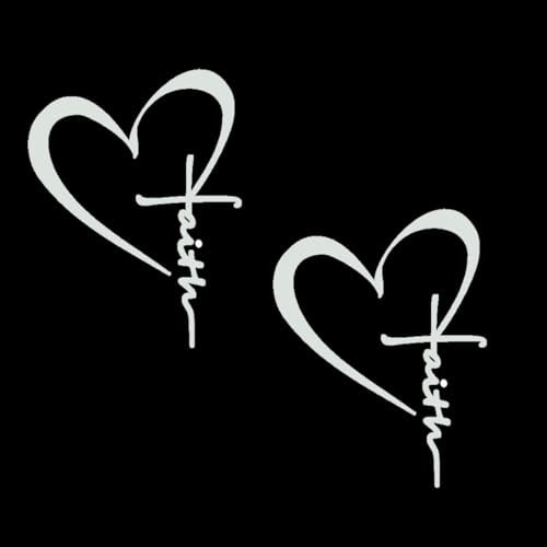 Faith Cross Heart Vinyl Decal Religious Christian Sticker for Car, Truck, Laptop, Water Bottle, Bible Inspirational Faith Symbol 2Packs - color: White