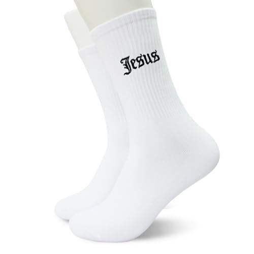 Christian Embroidered Crew Socks, Jesus Faith Religious Socks for Women and Men, Cross Scripture Novelty Gift Socks - color: Gothic Jesus White