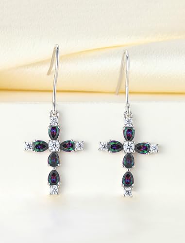 YL 925 Sterling Silver Cross Dangle Earrings Halo Birthstone Hook Earrings Religious Jewelry for Women - color: 6-alexandrite-Jun