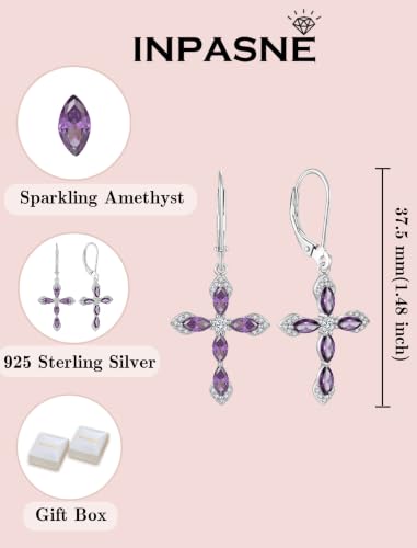 Birthstone Cross Earrings for Women 925 Sterling Silver - color: 02 February - Amethyst