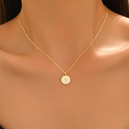 925 Sterling Silver Mother of Pearl Cross Necklace for Women - color: Gold- Sequins