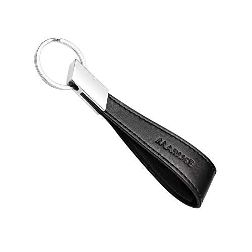 Maruse Italian Leather Keychain for Men and Women, with Flat Profile Polished Metal Key Ring, Handmade in Italy - color: Black