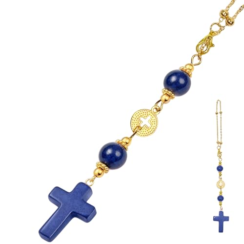 Cross for Car Mirror Hanging, Pink Rose Quartz Cross Car Mirror Hanger, Rearview Mirror Ornament Rosary, Catholic Car Accessories for Women Mom - color: Dark Blue
