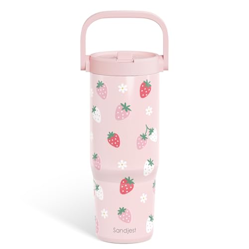 SANDJEST Strawberry Stainless Steel Straw Lid Tumbler 30oz with Carry Handle for Women Girls, Insulated Travel Coffee Cup, Gift for Sports Workout Christmas Birthday - color: Strawberry