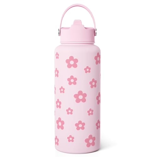SANDJEST Floral Water Bottle Stainless Steel 32oz with Lid & Straw, Daisy Insulated Bottles Gifts for Women Girls Friends Teens Birthday Christmas - color: Daisy 1