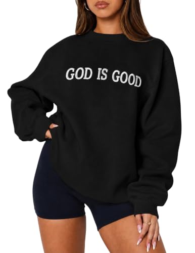 Womens God Is Good Christian Sweatshirt Oversized Crewneck Fleece Pullover - color: Black, size: Large