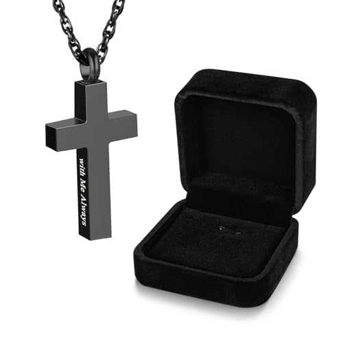Cremation Cross Necklace for Ashes Stainless Steel Cross Urn Pendant Ashes Holder Memorial Jewelry-With Me Always - style: With Me Always-Black-Velvet Box