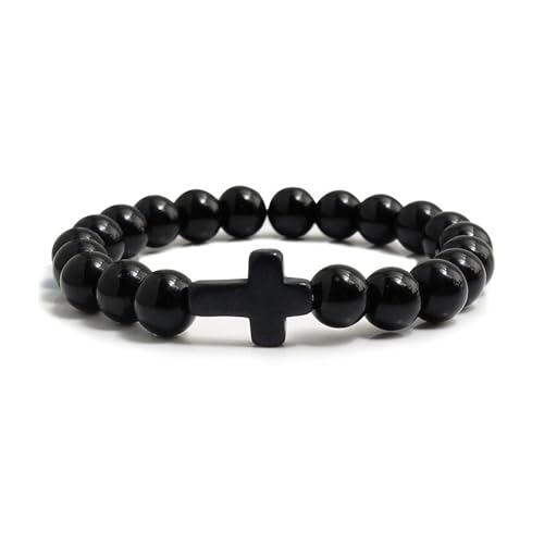 FORUBUS Lava Rock Stone Beaded Bracelet, Cross Charm Natural Volcanic Stone beads Turquoise Stretch Bracelet for Women Men Religion Jewelry Pray Baptism Gift - color: 1pcs black light