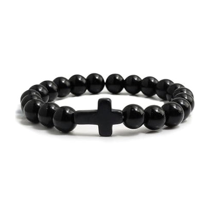 FORUBUS Lava Rock Stone Beaded Bracelet, Cross Charm Natural Volcanic Stone beads Turquoise Stretch Bracelet for Women Men Religion Jewelry Pray Baptism Gift - color: 1pcs black light