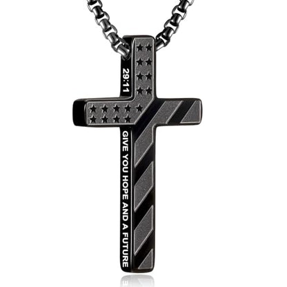 RWQIAN American Flag Cross Necklace for Men,Stainless Steel Bible Verse Cross Pendant Mens Chain,Crucifix Necklace for Christians Teen Baptism Gift Ideas Catholic Men Cool Stuff Personalized Gifts - color: Black, style: Jeremiah 29:11