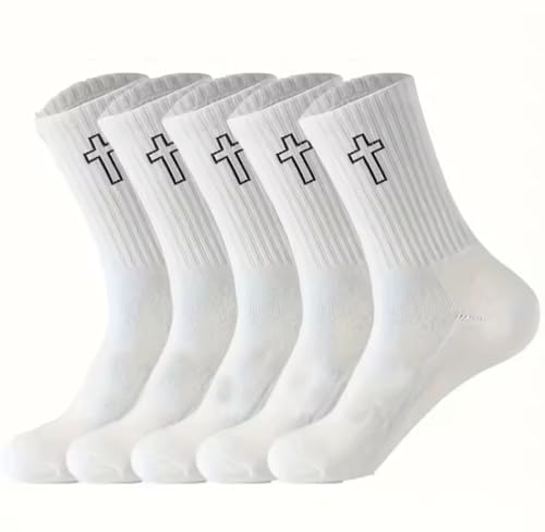Cross Embroidered Crew Socks, 5 Pairs, White and Black, Ribbed Cotton Blend, Unisex Athletic Style - color: White