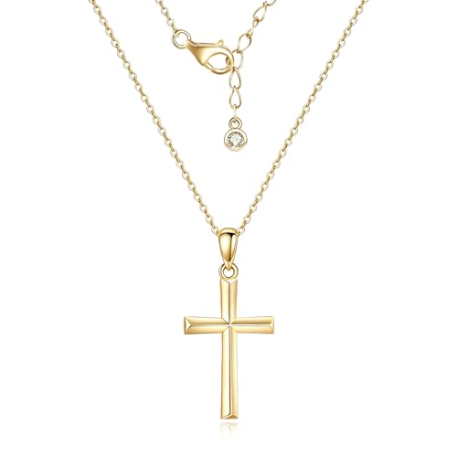 Minimalist Cross Necklace 925 Sterling Silver Dainty Pendant with Zircon Tail Chain Simple Religious Jewelry Gift for Women - color: gold