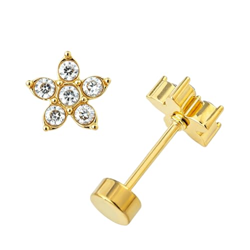 Small Moissanite Stud Earrings for Women, Stainless Steel Screw-Back Plated in 18K Yellow Gold D VSS 1, Jewelry Gifts, 2 x 3mm stones and 0.1-0.72ct/pair - color: Gold Flower 2