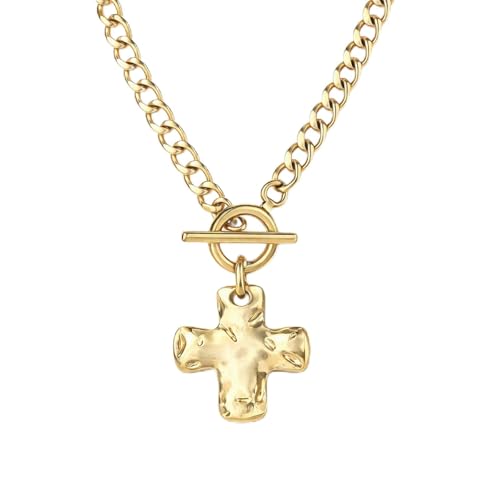 Chunky Gold Cross Pendant Necklace for Women, 14K Gold Plated Trendy
