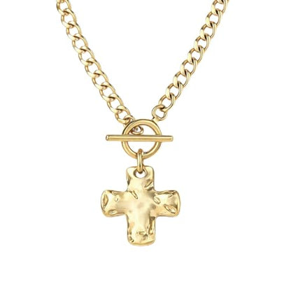 Chunky Gold Cross Pendant Necklace for Women, 14K Gold Plated Trendy