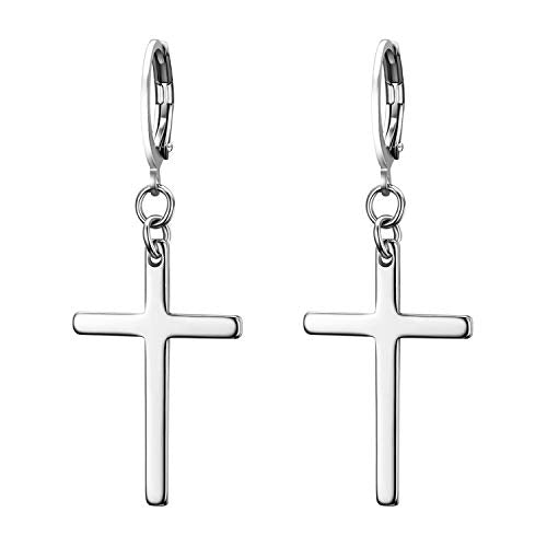 Dangle Stud Earrings,Flongo Men's Womens Stainless Steel Pearl Cross Dangle Hinged Stud Earrings,Piercing Christmas Cross Huggie Hoop Earrings Gift for Men Women Wedding Valentine's Day