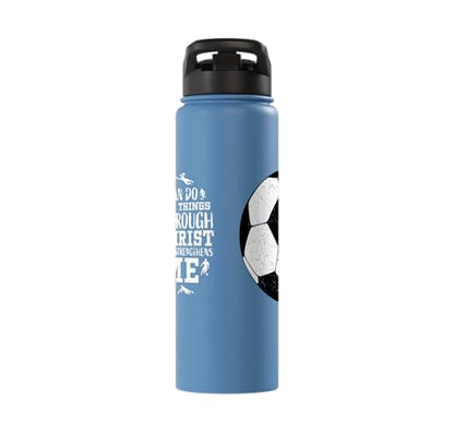 Christian Soccer Faith Graphic Bible Verse Philippians 4:13 Stainless Steel Insulated Water Bottle - color: Light Blue