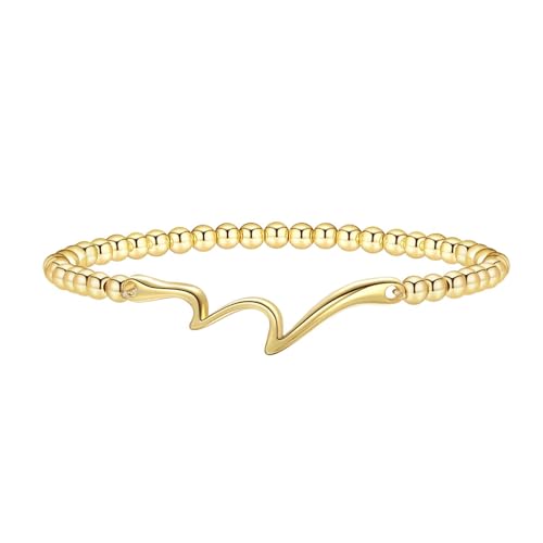 Beaded Bracelets for Women 14K Silver Gold Plated Stretch Handmade Ball Bracelets Cute Charm Bracelet Dainty Stackable Cross Heart Bow Wave CZ Circle Trendy Jewelry Easter Gifts - color: Gold-2