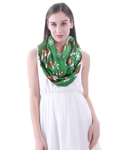 Lina & Lily Holiday Christmas Pattern Print Women's Infinity Scarf Lightweight - color: Green, Xmas Candy Cane Snowflake