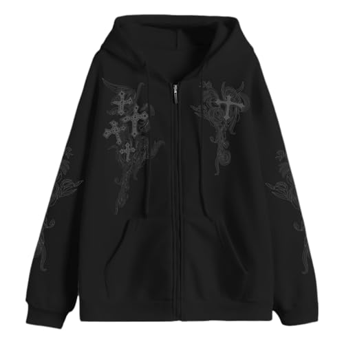 Zip Up Oversized Hoodies Women Men, Graphic Gothic Jackets Cross Hoodie, Baggy Streetwear Fleece Sweater Unisex - color: Black2, size: XX-Large