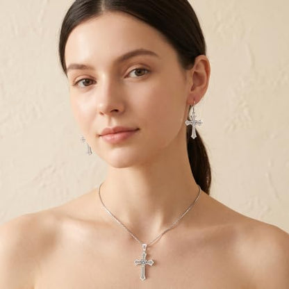 Moissanite S925 Sterling Silver Dainty Cross Drop Dangle Earrings For Women - color: silver