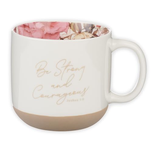 Christian Art Gifts Ceramic Floral Coffee Mug for Women - color: Strong & Courageous/White Floral, size: 14 Ounces
