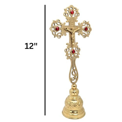 Needzo Brass Cross with Red Faux Crystals, Catholic Church Altar Decor, 12 x 5 Inches