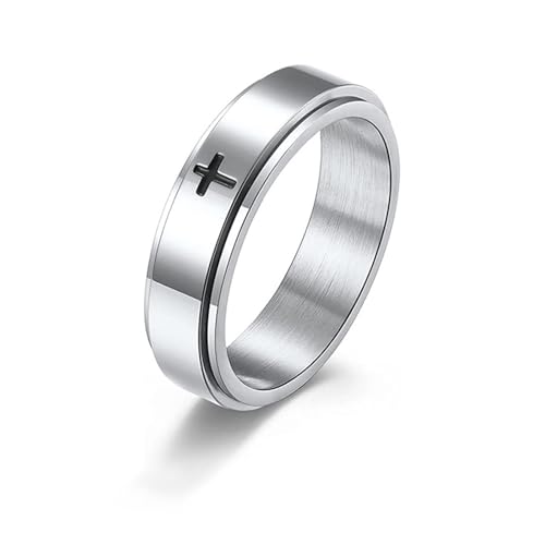 Minimalist Cross Stainless Steel Spinner Ring Anxiety Stress Relieving Rotating Fidget 6mm Band Rings for Men Women Christian Religious Relief Couple Cool Jewelry - color: silver 8