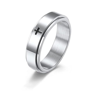 Minimalist Cross Stainless Steel Spinner Ring Anxiety Stress Relieving Rotating Fidget 6mm Band Rings for Men Women Christian Religious Relief Couple Cool Jewelry - color: silver 8