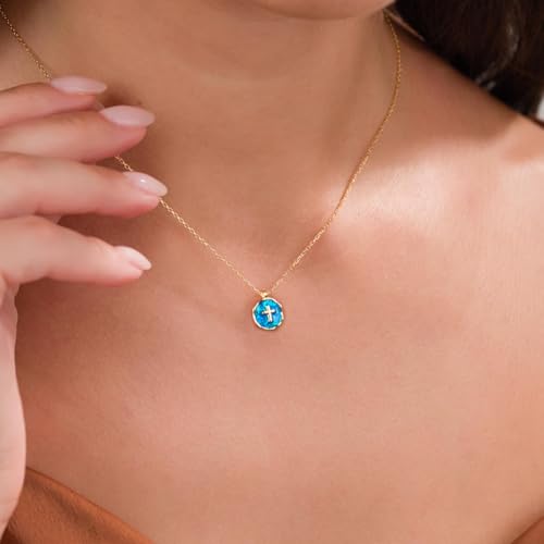 Gold Enamel Mini Cross Necklace Tiny Mother of Pearl Cross Necklace Religious Christian Gift for Baptism First Communion Christmas - color: Medium Opal cross(13mm)-blue