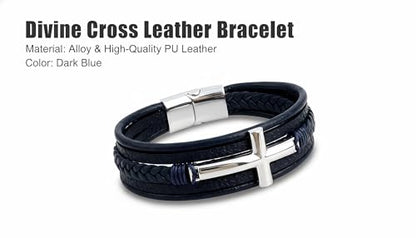Stainless Steel Braided Leather Bracelet for Men Cuff Bangle Cross - color: Blue&Silver