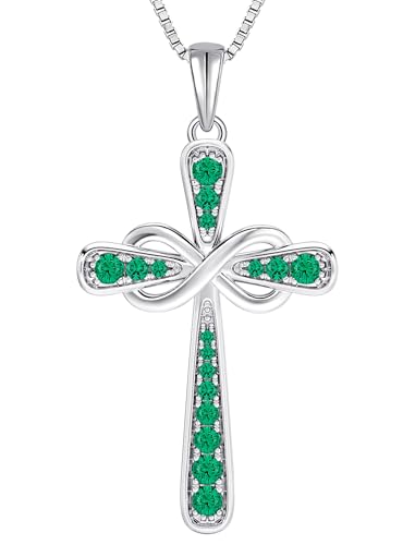 YL 925 Sterling Silver Cross Necklace for Women Halo Infinity Pendant Cubic Zirconia Jewelry for Mom - color: 05-emerald-May