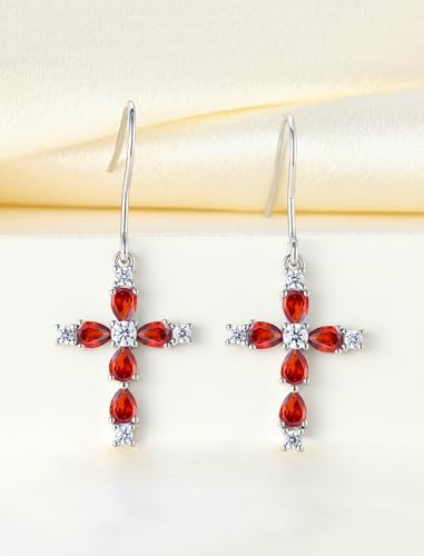 YL 925 Sterling Silver Cross Dangle Earrings Halo Birthstone Hook Earrings Religious Jewelry for Women - color: 1-garnet-Jan