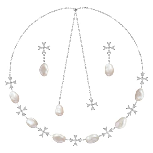 18K Gold Baroque Pearl Jewelry Set, 25.5 Inch Cross Pearls Necklace, Perfect Jewelry Gift for Women - size: Necklace + Earrings