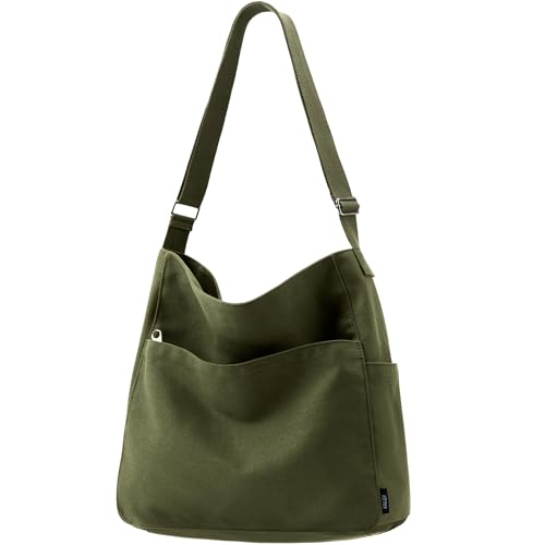 KALIDI Canvas Tote Bag Zipper Large Crossbody Shoulder Bag Messenger Bag - color: Army Green