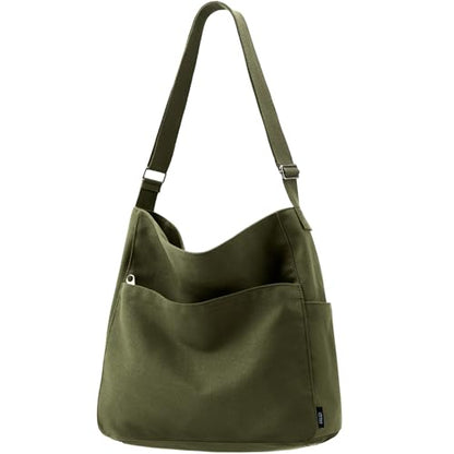 KALIDI Canvas Tote Bag Zipper Large Crossbody Shoulder Bag Messenger Bag - color: Army Green