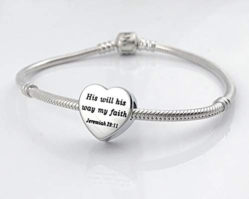 Heart Charm Fit Pandora Charms Bracelet Christian Bible Verse Charm Prayer Faith Religious Charms Gifts for Women - style: His will his way my faith Jeremiah 29:11