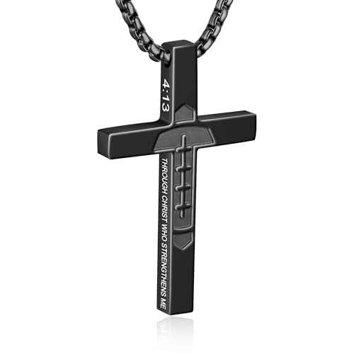 Football Cross Necklace for Boys Men - color: Black, style: 4:13 I can do all things