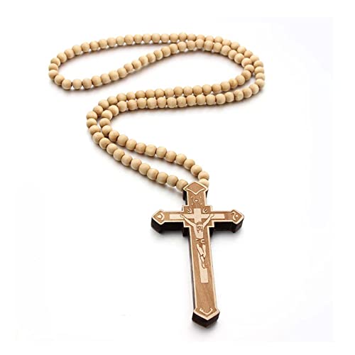 FORUBUS Wooden Cross Pendant Necklace - Wood Beads Cross Religion Necklace for Women Men Believer Prayer Baptism Jewelry - color: C wood