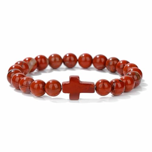 8mm Gemstone Cross Bracelet for Women Men – Stretch Beaded Faith Bracelet with Sideways Cross (Multiple Colors) - style: Red Jasper