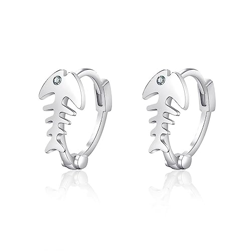Fishbone Hoop Earrings for Women Gold Silver Plated Fish Skeleton Chic Cubic Zirconia Small Huggie Hoop Earrings for Ocean Sea Nautical Vacation Jewelry Accessories - color: Silver
